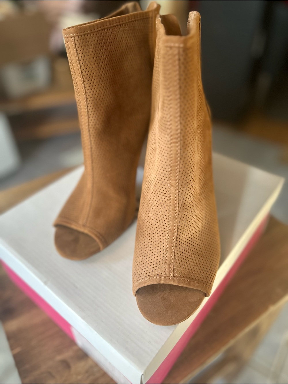 Just fab Tan Suede Peep-Toe Booties